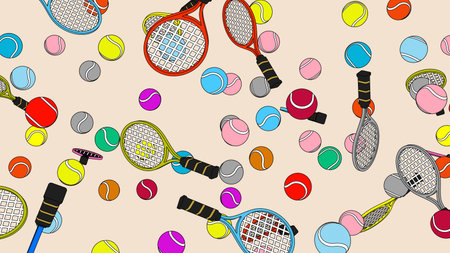 Toon style colorful tennis balls and tennis rackets on beige background.
3D illustration for...