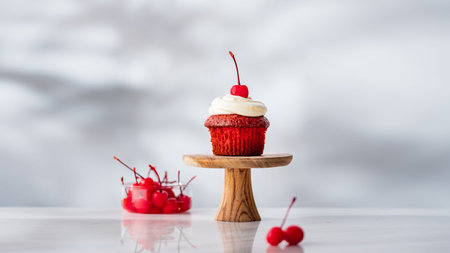 Cupcake with a cherry.
Delicious sweets image.