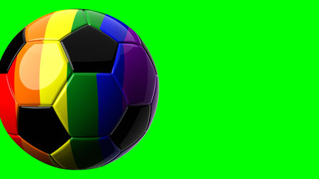 Rainbow colored soccer ball on green chroma key text space.
LGBT concept.3d illustration.の写真素材