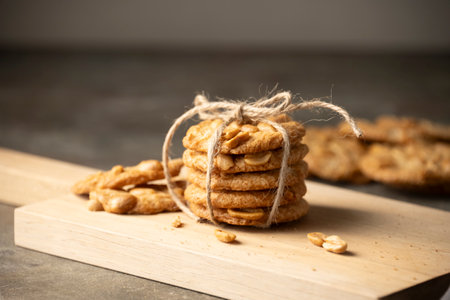 Round cookies with roasted peanuts on a wooden cutting board.
Delicious cookie image.の写真素材