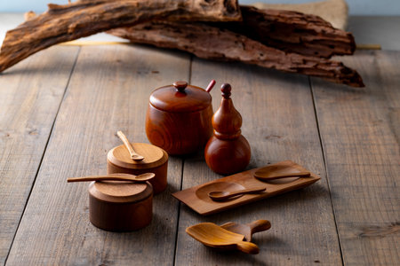 Wooden spice jars.
Image of wooden seasoning containers.の写真素材