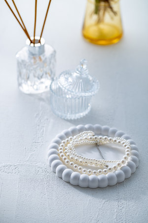 Pearl necklace and accessories.
Interior image.の写真素材