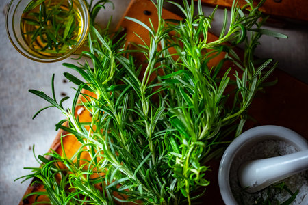 Rosemary, Salt, and Olive Oil. Fresh rosemary, rock salt, and olive oil on a cutting board, perfect for culinary themes.の写真素材