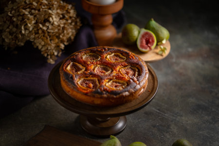 Fig Tart on a Wooden Stand. A visually rich still life photograph featuring a fig tart on a wooden...
