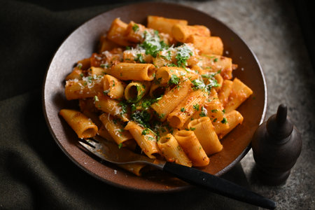 Rigatoni Pasta Dish A close-up photo of a rigatoni pasta dish served on a plate. Perfect for food, restaurant, or culinary-themed projects.の写真素材