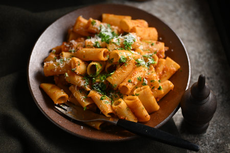 Rigatoni Pasta Dish A close-up photo of a rigatoni pasta dish served on a plate. Perfect for food, restaurant, or culinary-themed projects.の写真素材