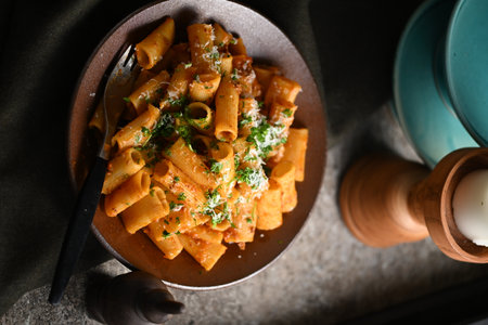 Rigatoni Pasta Dish A close-up photo of a rigatoni pasta dish served on a plate. Perfect for food, restaurant, or culinary-themed projects.の写真素材