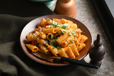 Rigatoni Pasta Dish A close-up photo of a rigatoni pasta dish served on a plate. Perfect for food, restaurant, or culinary-themed projects.の写真素材