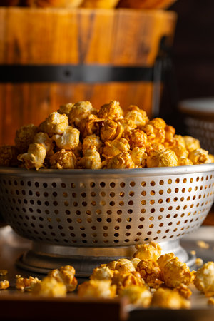 Caramel Popcorn Close-up. Close-up photo of caramel-coated popcorn.の写真素材