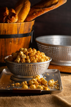 Caramel Popcorn Close-up. Close-up photo of caramel-coated popcorn.の写真素材