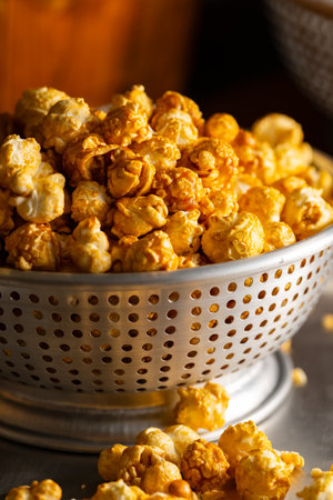 Caramel Popcorn Close-up. Close-up photo of caramel-coated popcorn.の写真素材