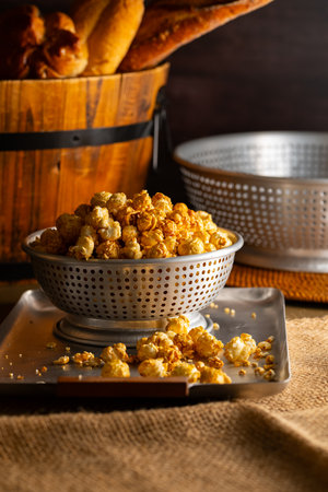 Caramel Popcorn Close-up. Close-up photo of caramel-coated popcorn.の写真素材