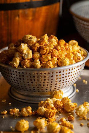 Caramel Popcorn Close-up. Close-up photo of caramel-coated popcorn.の写真素材