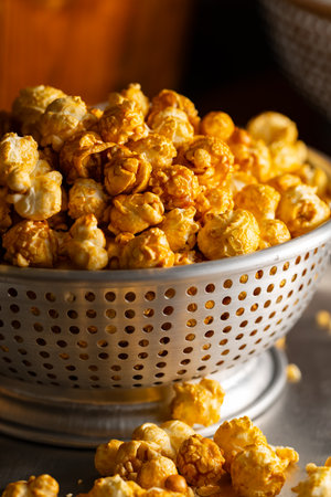 Caramel Popcorn Close-up. Close-up photo of caramel-coated popcorn.の写真素材