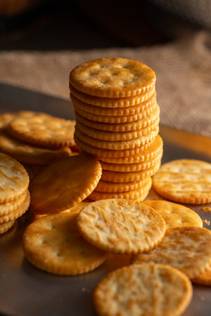 Round Crackers Snack A close-up photo of round crackers. Perfect for food, snack, bakery, or cooking-related projects.の写真素材