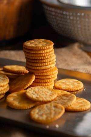 Round Crackers Snack A close-up photo of round crackers. Perfect for food, snack, bakery, or cooking-related projects.の写真素材