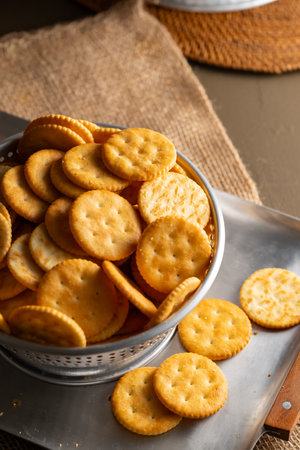 Round Crackers Snack A close-up photo of round crackers. Perfect for food, snack, bakery, or cooking-related projects.の写真素材