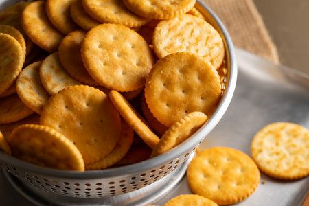 Round Crackers Snack A close-up photo of round crackers. Perfect for food, snack, bakery, or cooking-related projects.の写真素材