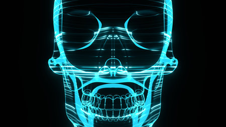 A holographic skull with a wireframe design. Perfect for futuristic, sci-fi, or dark-themed visuals.の写真素材