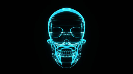 A holographic skull with a wireframe design. Perfect for futuristic, sci-fi, or dark-themed visuals.の写真素材