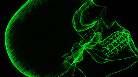 A holographic skull with a wireframe design. Perfect for futuristic, sci-fi, or dark-themed visuals.の写真素材