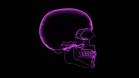 A holographic skull with a wireframe design. Perfect for futuristic, sci-fi, or dark-themed visuals.の写真素材