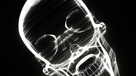 A holographic skull with a wireframe design. Perfect for futuristic, sci-fi, or dark-themed visuals.の写真素材
