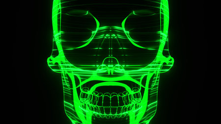 A holographic skull with a wireframe design. Perfect for futuristic, sci-fi, or dark-themed visuals.の写真素材
