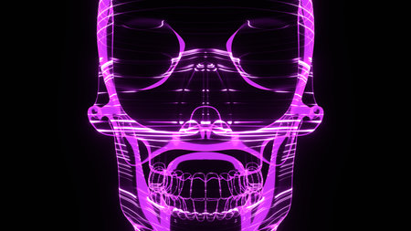 A holographic skull with a wireframe design. Perfect for futuristic, sci-fi, or dark-themed visuals.の写真素材