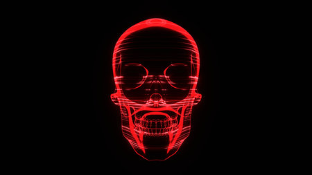 A holographic skull with a wireframe design. Perfect for futuristic, sci-fi, or dark-themed visuals.の写真素材