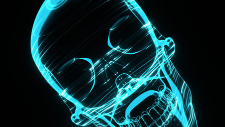 A holographic skull with a wireframe design. Perfect for futuristic, sci-fi, or dark-themed visuals.