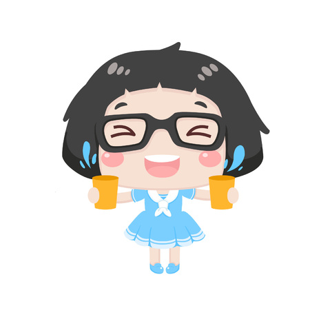 Cute cartoon girl holding cupsのイラスト素材