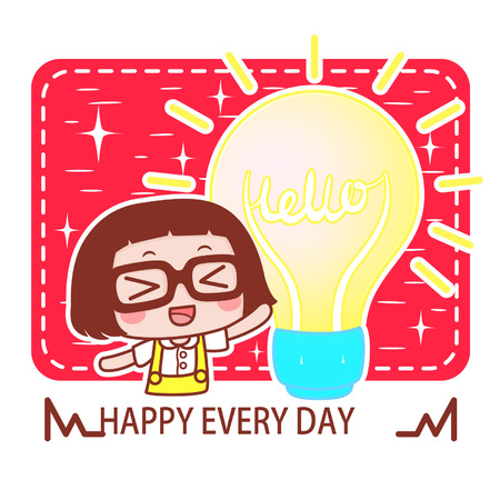 Cute cartoon girl with huge lightbulbのイラスト素材