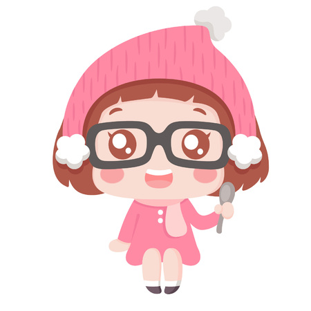 Cute cartoon girl in winter wear holding a spoonのイラスト素材