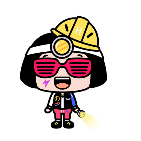 Cartoon girl with helmet and torchlightのイラスト素材