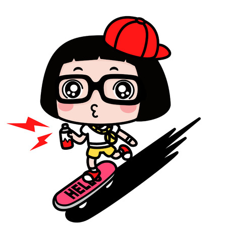 Cartoon girl skateboarding and holding a spray paintのイラスト素材