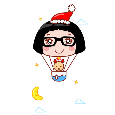 Cartoon reindeer on a hot air balloonのイラスト素材