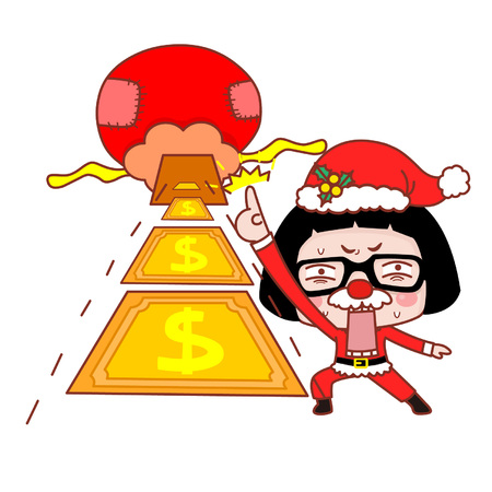 Shocked cartoon girl in Santa costume with financial conceptのイラスト素材