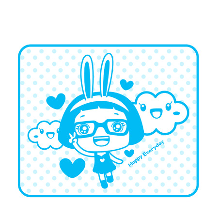 Cute cartoon girl wearing rabbit ears with cloud charactersのイラスト素材