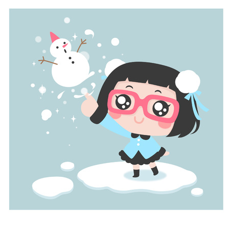 Cute cartoon girl pointing to a snowmanのイラスト素材