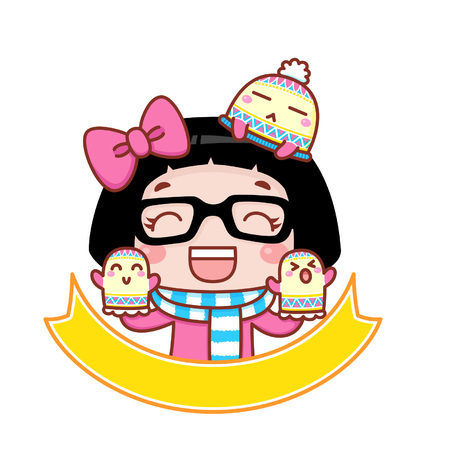 Cute cartoon girl with mittens and beanieのイラスト素材
