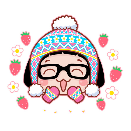 Cute cartoon girl with mittens and beanieのイラスト素材