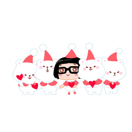 Cute cartoon girl with fluffy animalsのイラスト素材