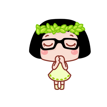 Cute cartoon girl in a dress prayingのイラスト素材