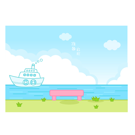 Bench overlooking a boat in the waterのイラスト素材