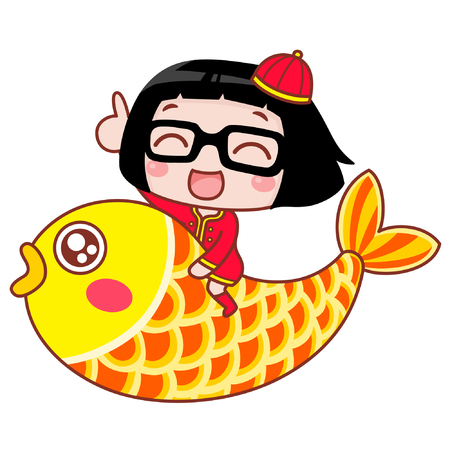 Cute cartoon girl riding a fishのイラスト素材