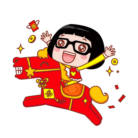 Cute cartoon girl in chinese costume riding a horseのイラスト素材