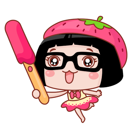 Cartoon girl holding a biscuit stick with strawberry creamのイラスト素材