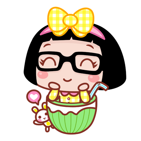 Happy cartoon girl in watermelon drinkのイラスト素材