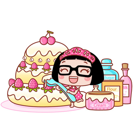 Cute cartoon girl making a cakeのイラスト素材
